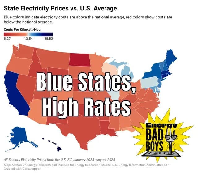 Map of state electricity prices compared with the U.S. average