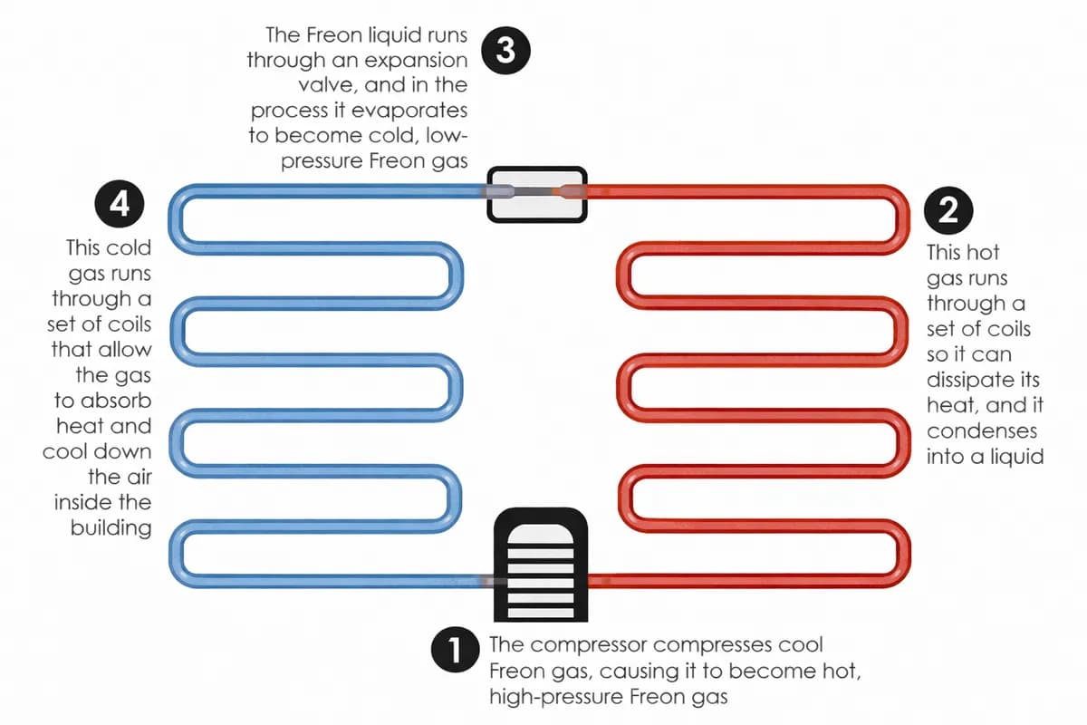 Air conditioning cooling cycle infographic explaining how AC systems remove heat and control humidity in homes