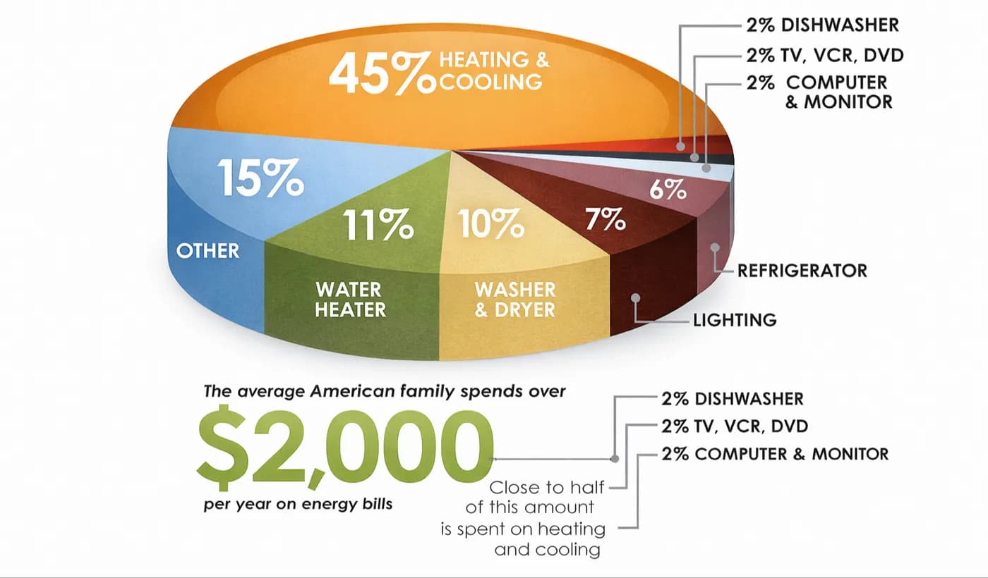 HVAC energy bill breakdown infographic showing heating and cooling as the largest energy cost in a Massachusetts home