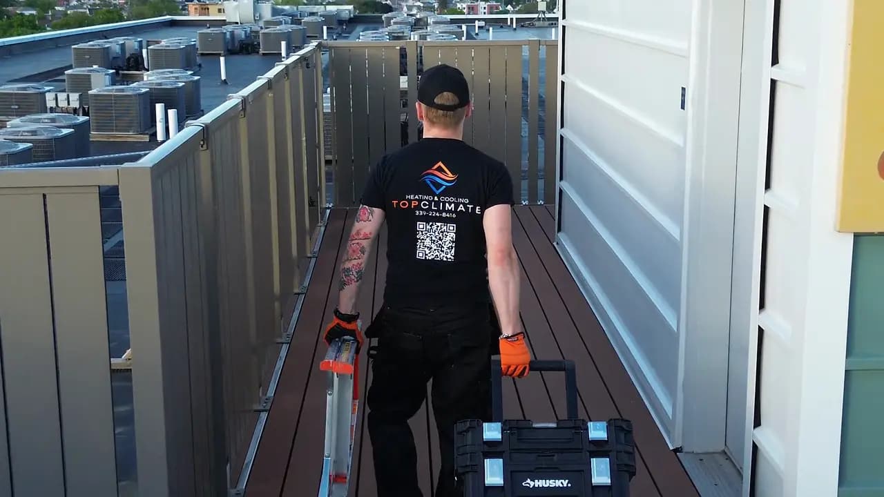 A Top Climate technician carrying tools across a rooftop lined with outdoor condensing units
